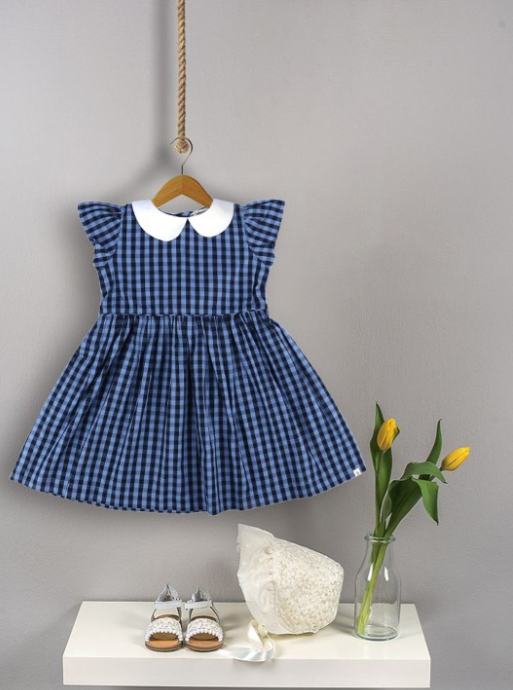 Girls Checked Peter Pan Collar Puff Sleeve Fit & Flare Dress