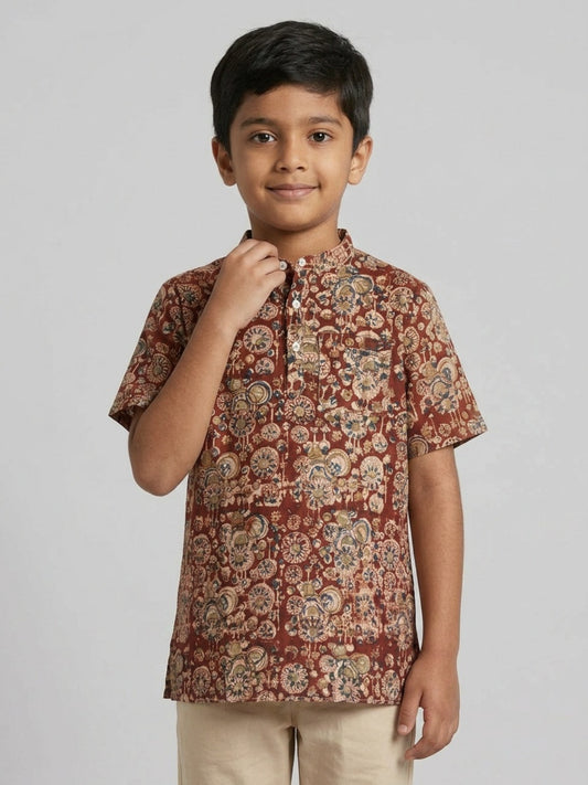 Biglilpeople Boys Ethnic Print Mandarin Collar Short Sleeves Shirt