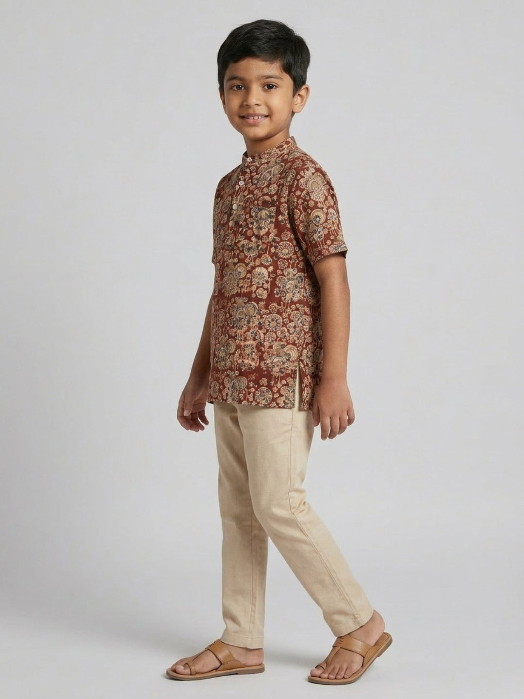 Biglilpeople Boys Ethnic Print Mandarin Collar Short Sleeves Shirt