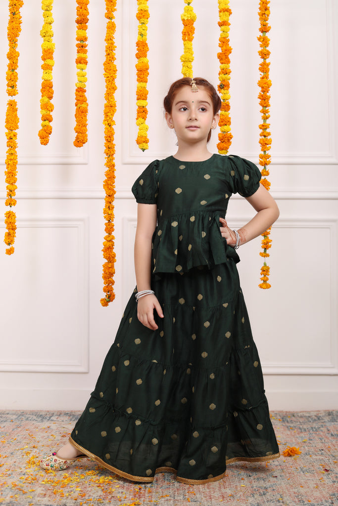 Girls Lehenga Set in Cotton Silk - Green