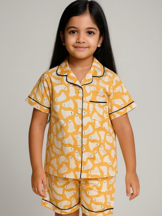 Printed Half Sleeves Night Suits For Boys and Girls-Yellow