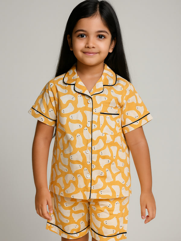 Printed Half Sleeves Night Suits For Boys and Girls-Yellow