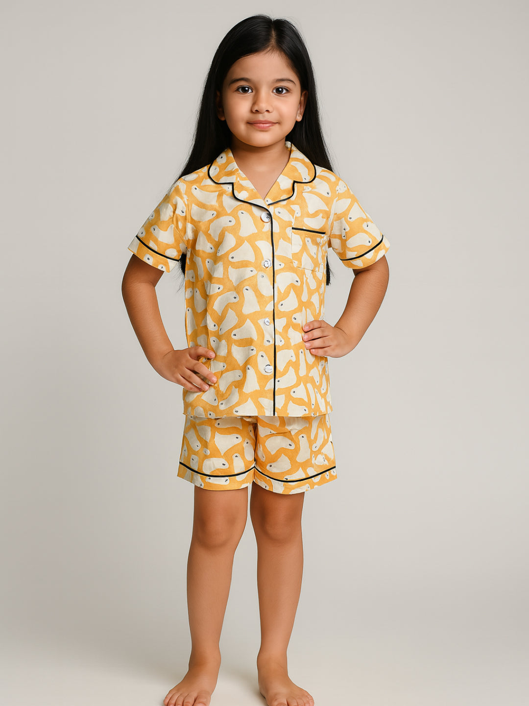 Printed Half Sleeves Night Suits For Boys and Girls-Yellow