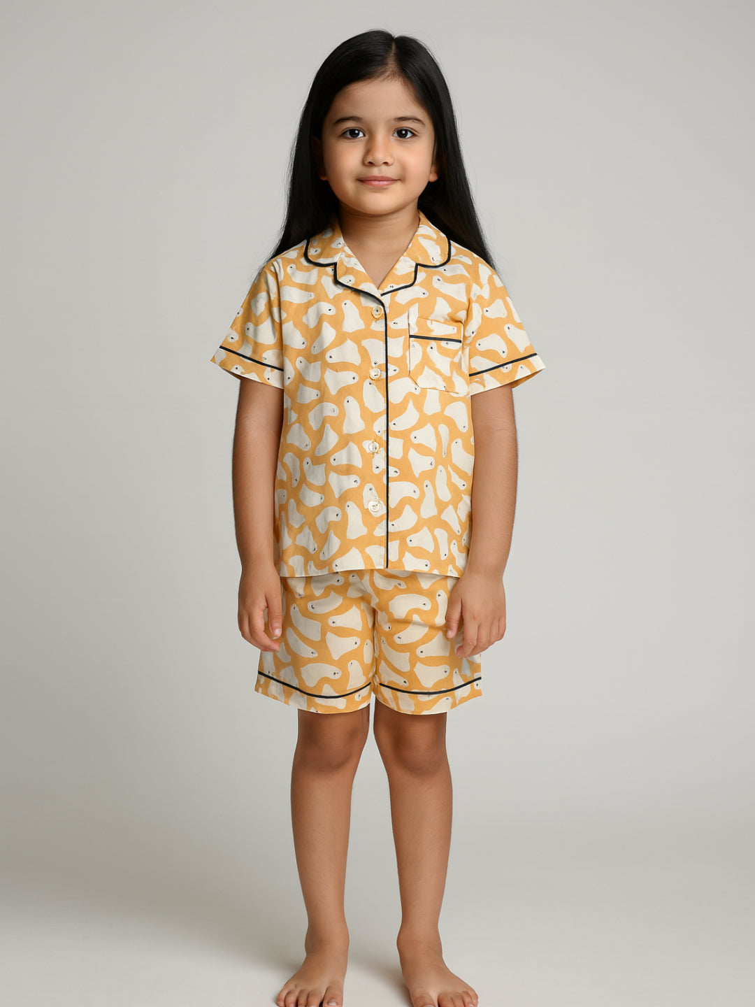 Printed Half Sleeves Night Suits For Boys and Girls-Yellow