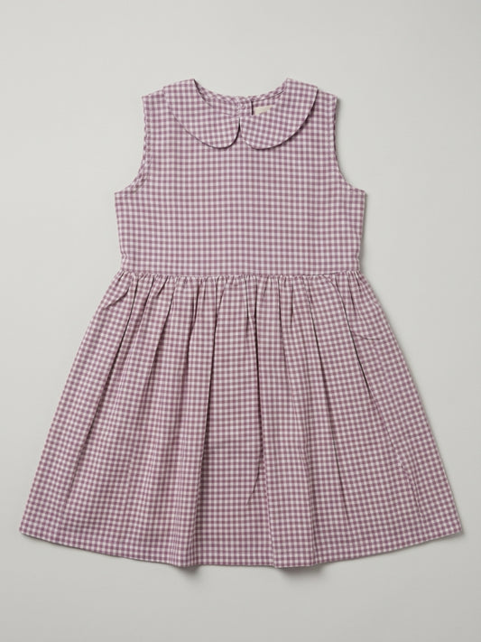 Girls Off White & Purple checked Knee Length Peter Pan Collar Dress