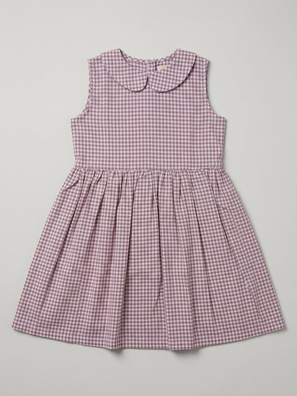 Girls Off White & Purple checked Knee Length Peter Pan Collar Dress
