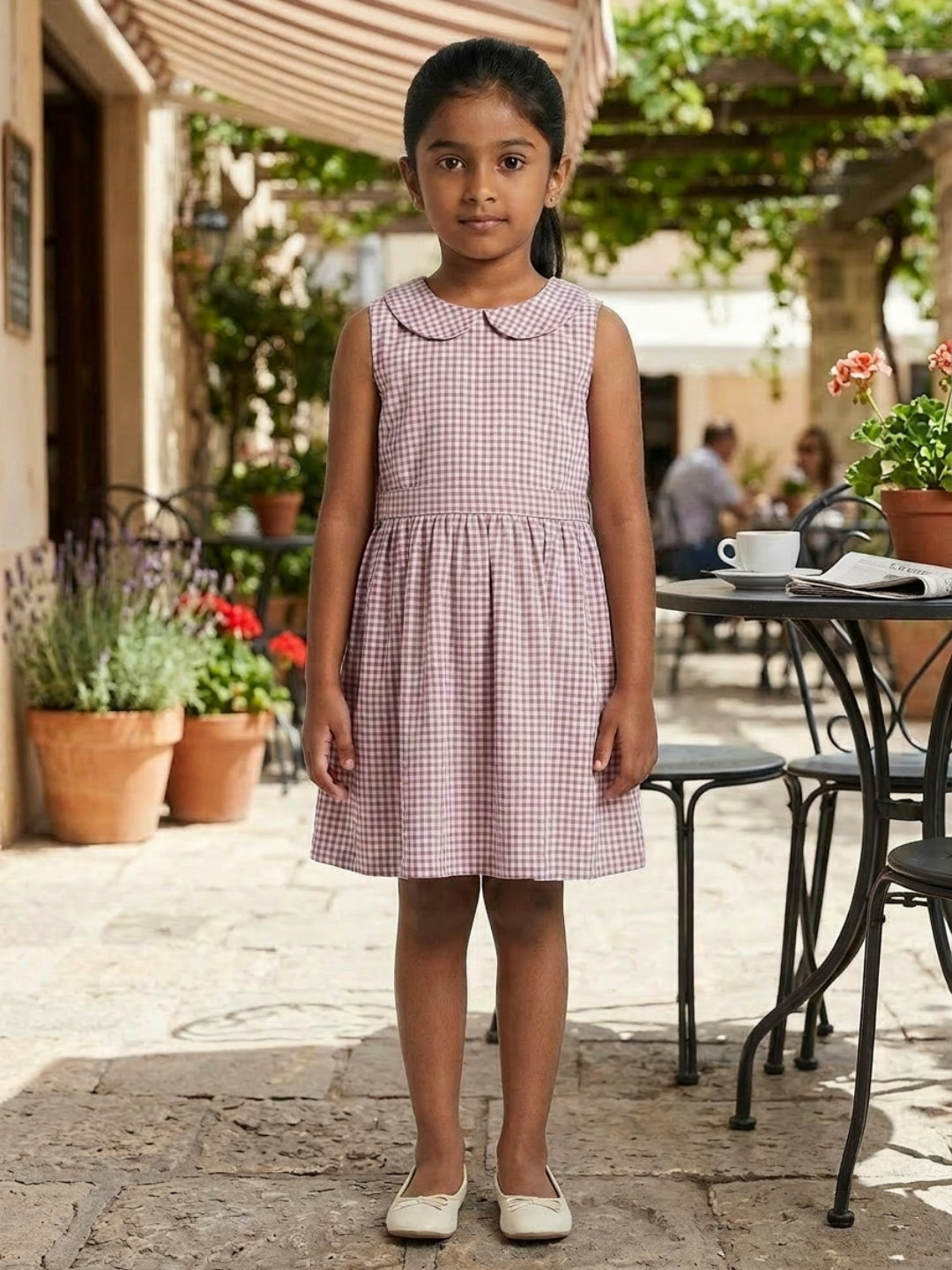 Girls Off White & Purple checked Knee Length Peter Pan Collar Dress