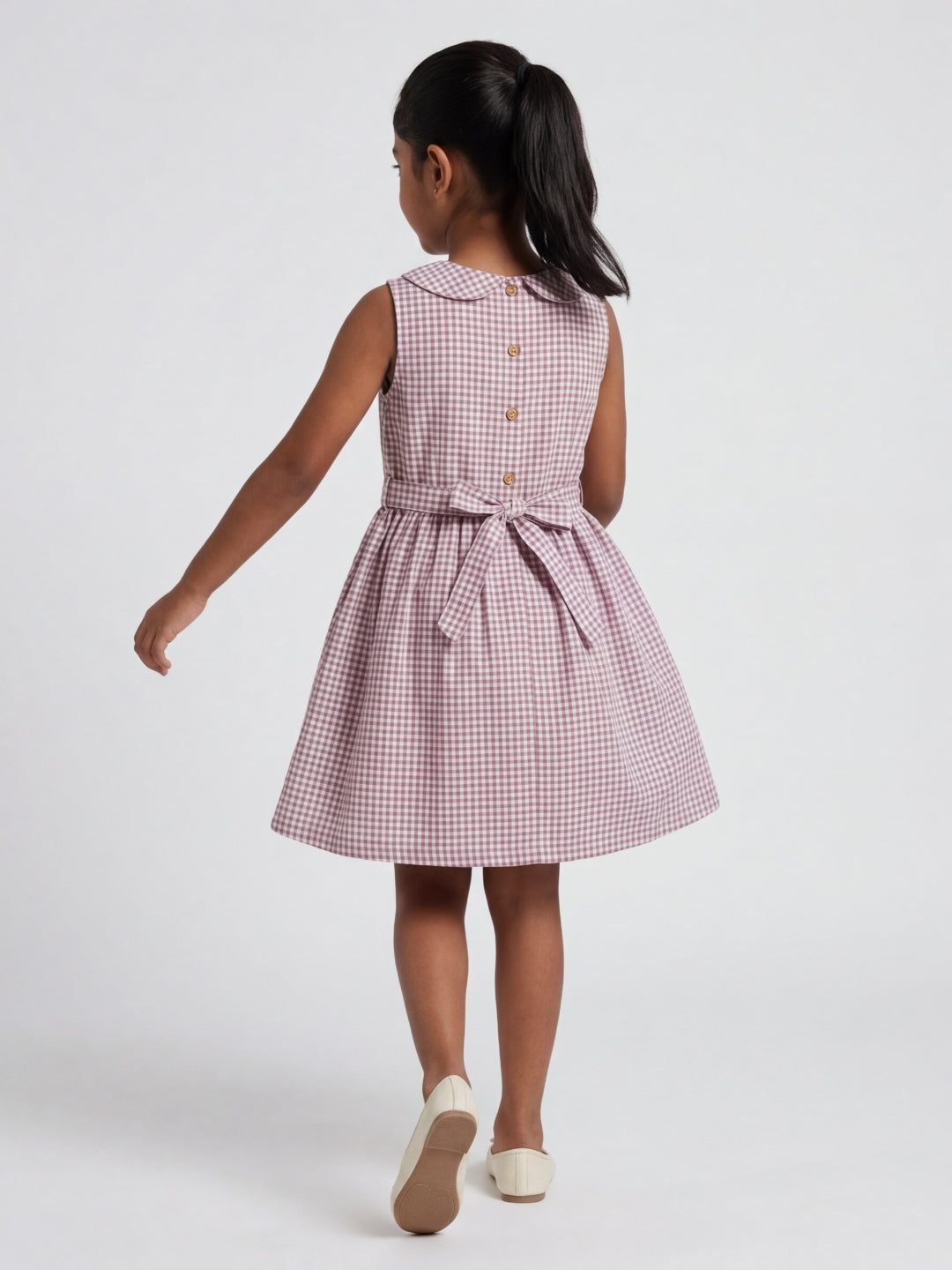 Girls Off White & Purple checked Knee Length Peter Pan Collar Dress