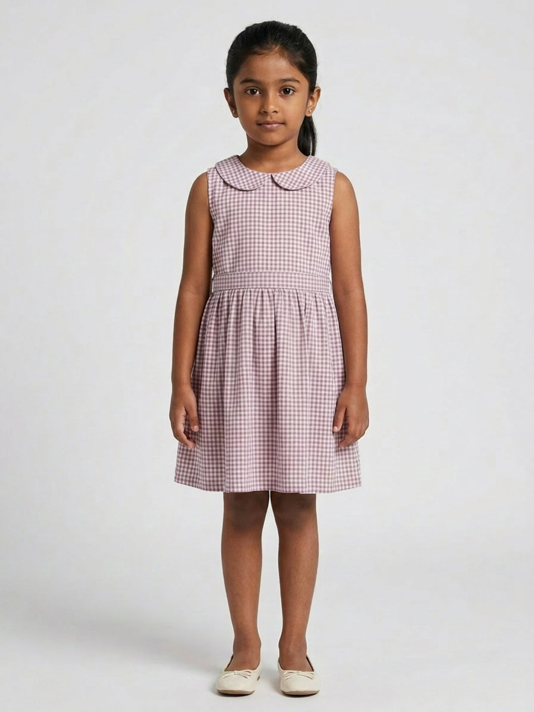 Girls Off White & Purple checked Knee Length Peter Pan Collar Dress