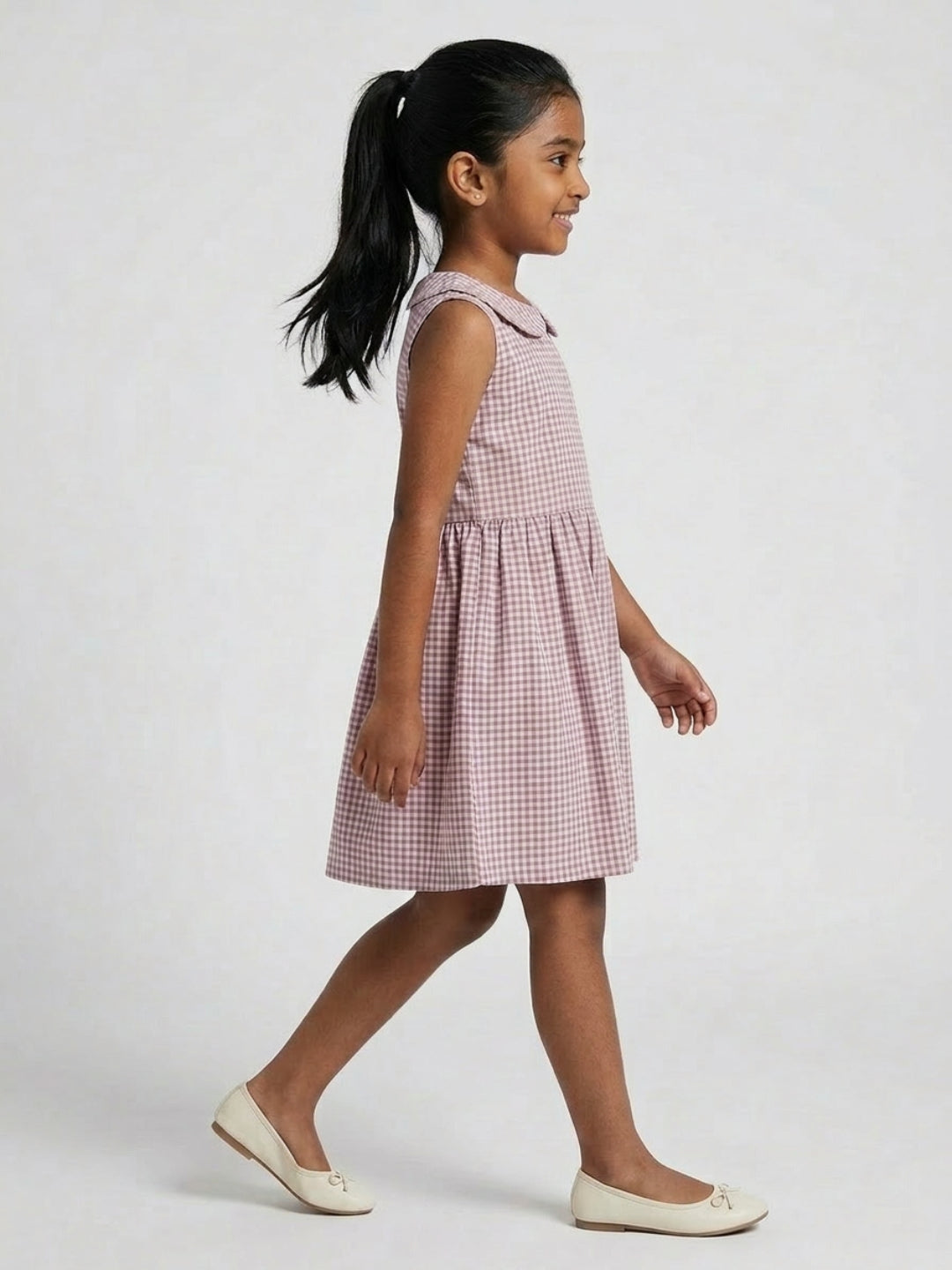 Girls Off White & Purple checked Knee Length Peter Pan Collar Dress