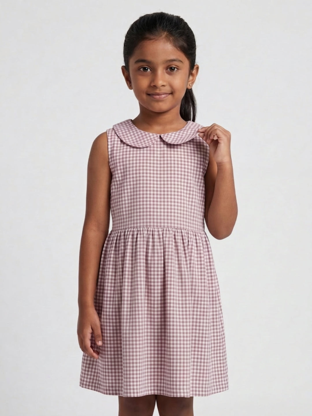 Girls Off White & Purple checked Knee Length Peter Pan Collar Dress