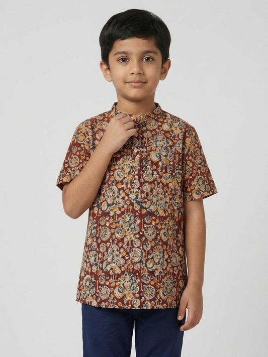 Biglilpeople Boys Ethnic Print Mandarin Collar Short Sleeves Shirt