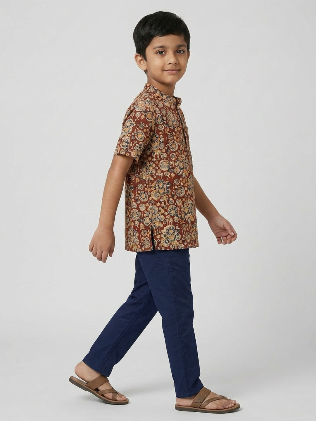 Biglilpeople Boys Ethnic Print Mandarin Collar Short Sleeves Shirt