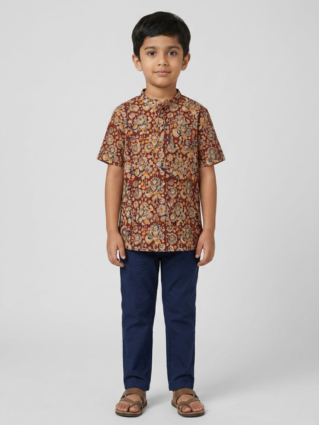 Biglilpeople Boys Ethnic Print Mandarin Collar Short Sleeves Shirt