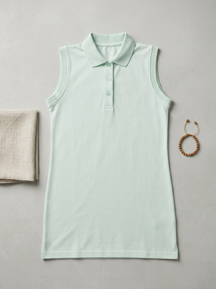Girls Pure Cotton Light Blue Color Polo Sleeveless thigh length dress