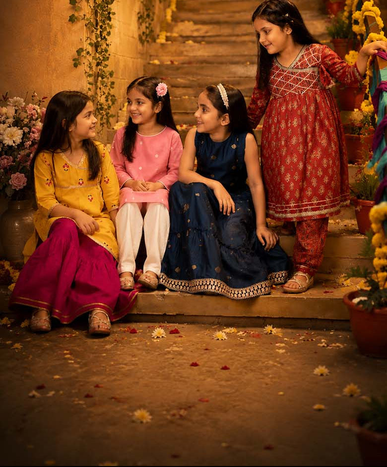 Three young girls in colorful traditional outfits sitting on steps with a woman, decorated with flowers and lights.