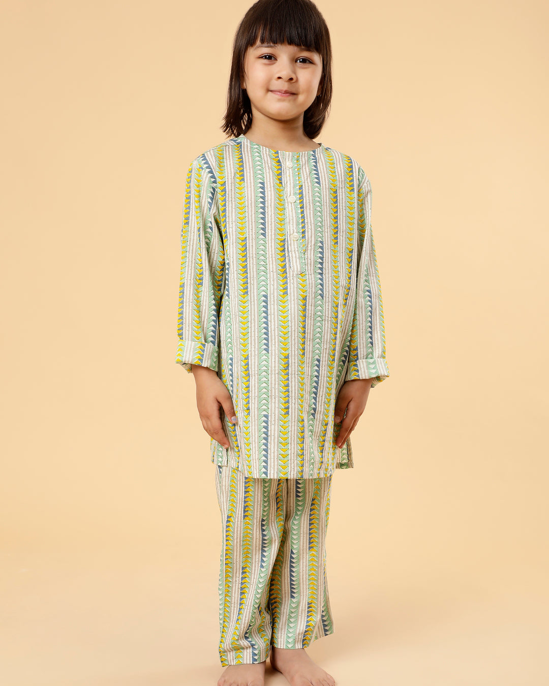 Conjunto unisex de Kurta de Abuelo en Algodón Mul - Estampado geométrico