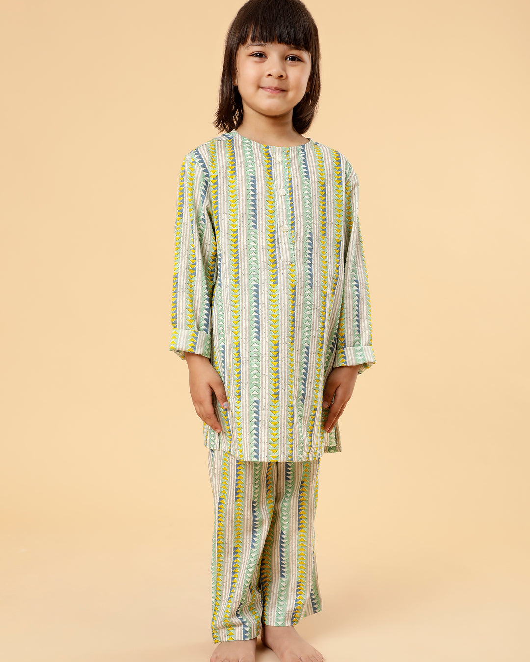 Unisex Grandpa Kurta Set in Mul Cotton- Geometric print