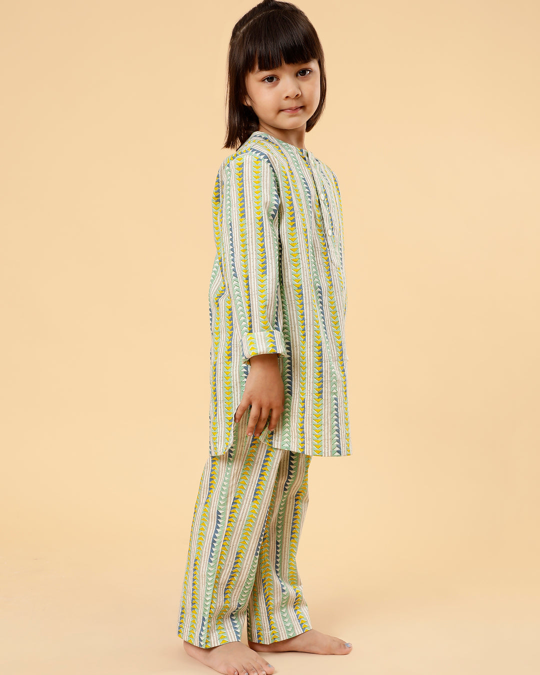 Conjunto unisex de Kurta de Abuelo en Algodón Mul - Estampado geométrico