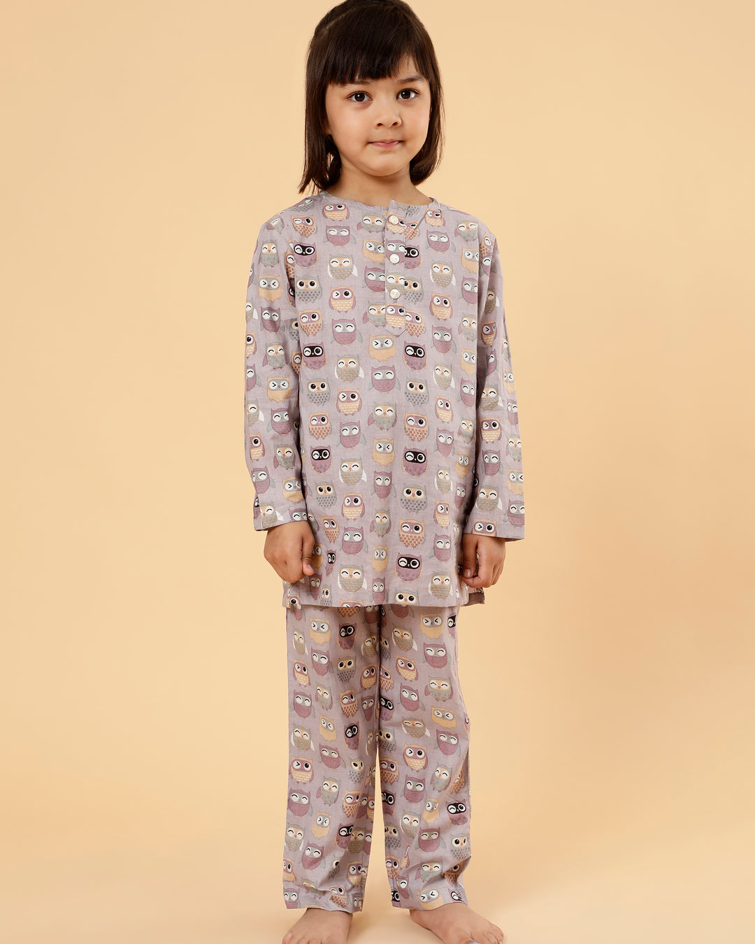 Unisex Grandpa Kurta Set in Mul Cotton- Owl Print (Mauve)