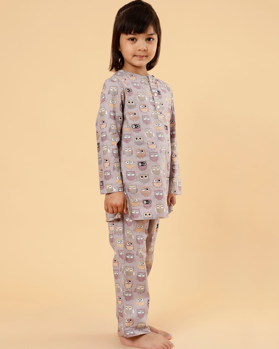 Unisex Grandpa Kurta Set in Mul Cotton- Owl Print (Mauve)