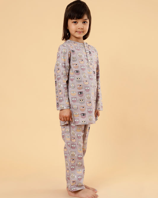 Unisex Grandpa Kurta Set in Mul Cotton- Owl Print (Mauve)