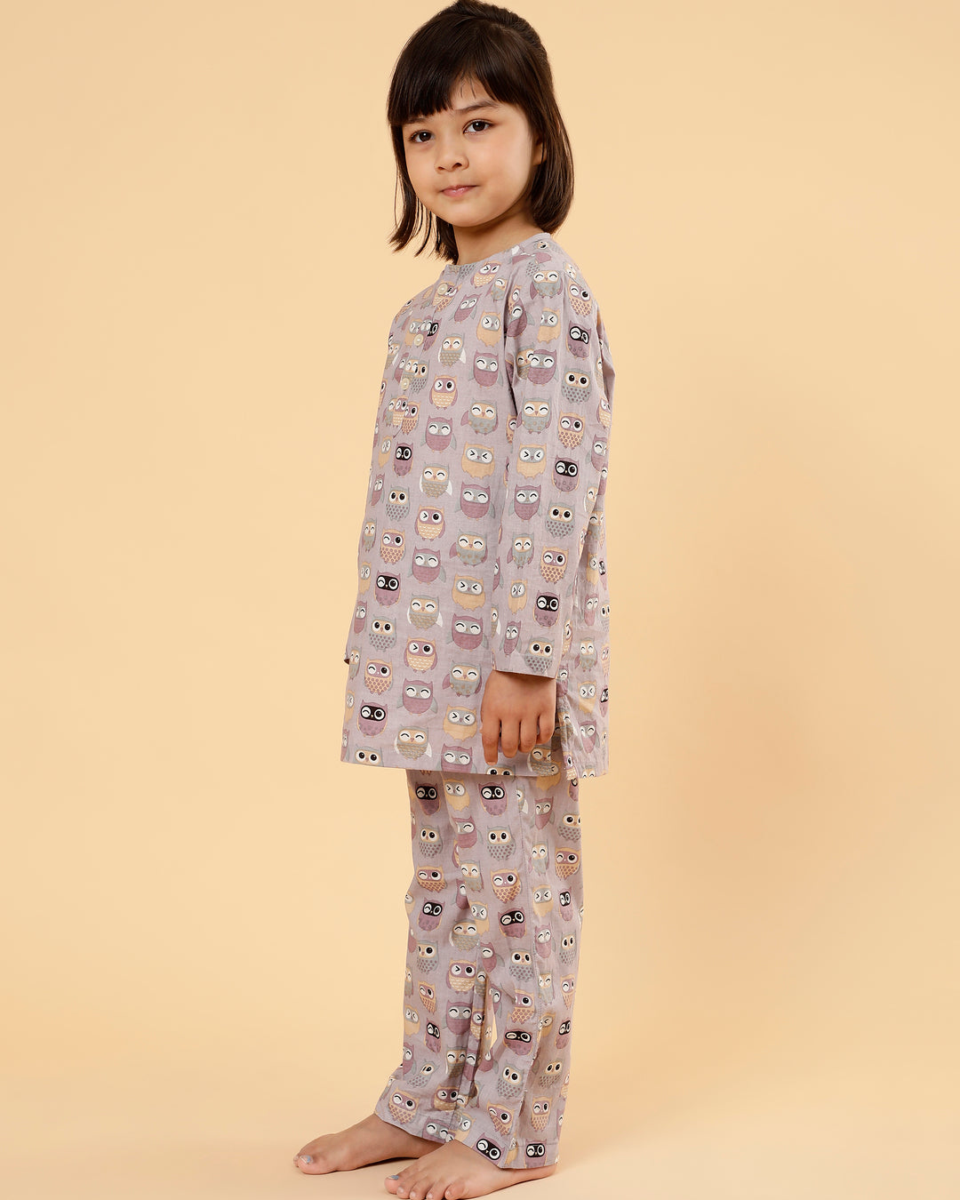 Unisex Grandpa Kurta Set in Mul Cotton- Owl Print (Mauve)