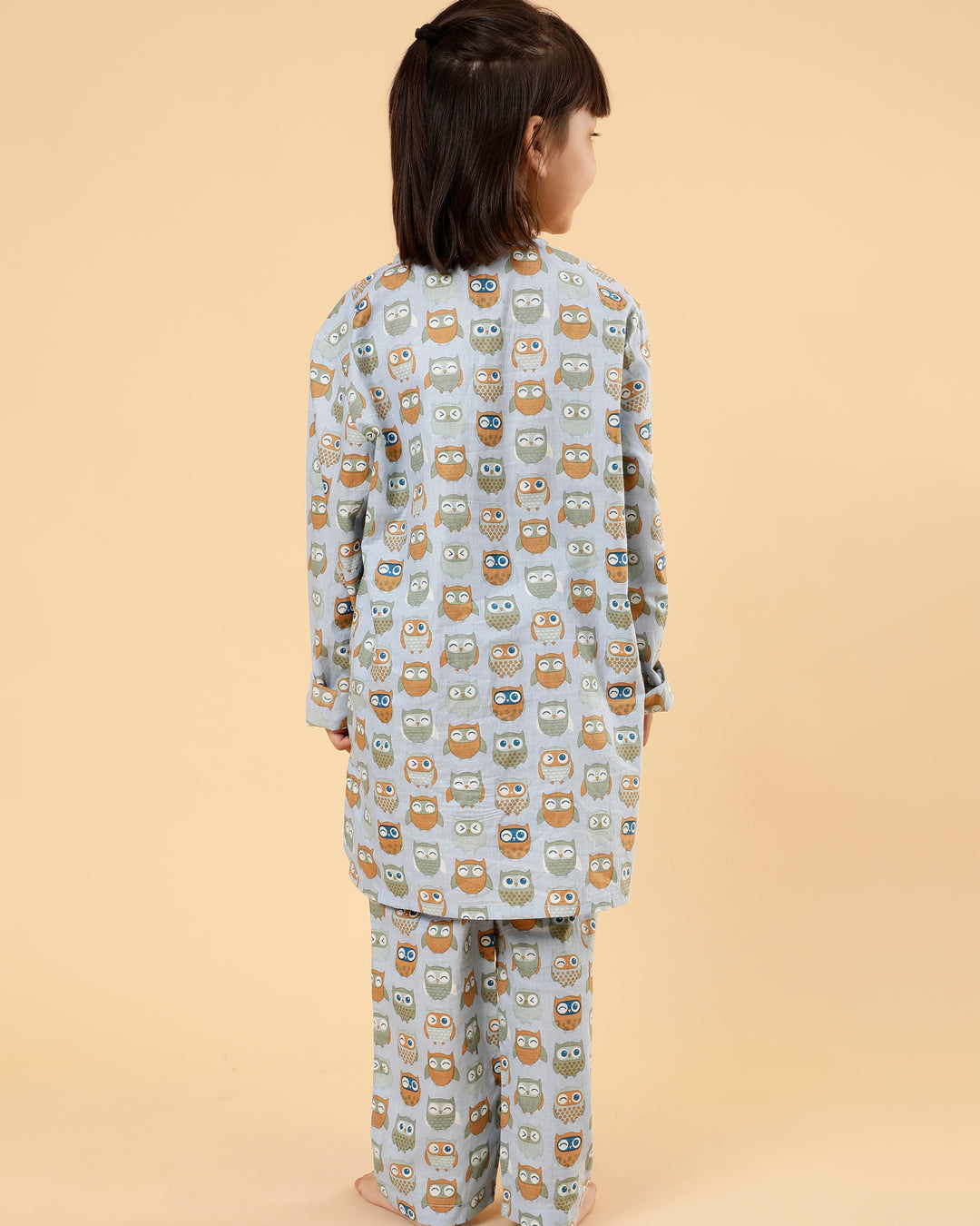 Conjunto Kurta Unisex para Abuelo de Algodón Mul - Estampado de Búho (Azul)