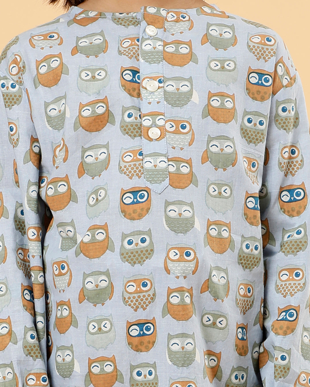 Conjunto Kurta Unisex para Abuelo de Algodón Mul - Estampado de Búho (Azul)