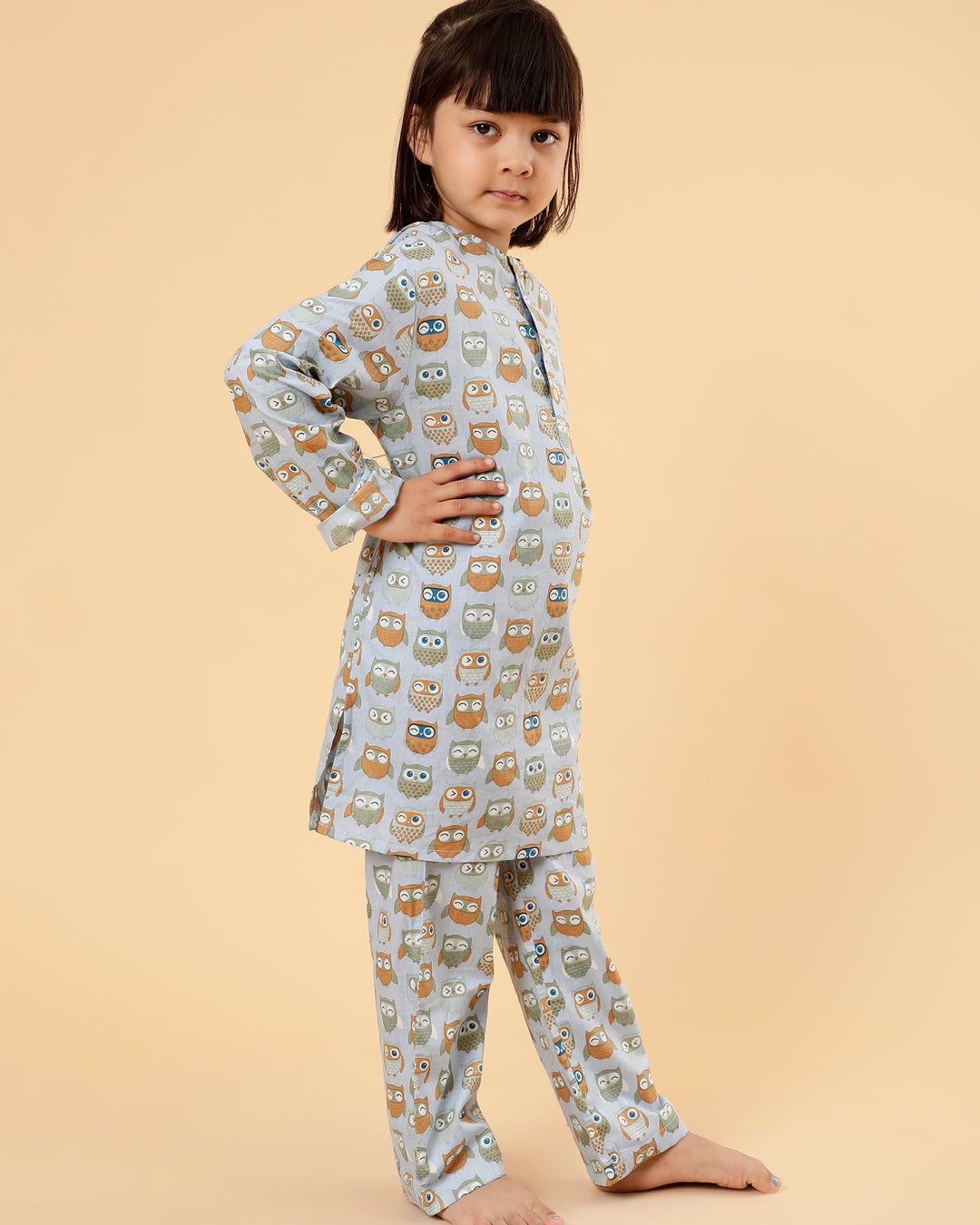 Conjunto Kurta Unisex para Abuelo de Algodón Mul - Estampado de Búho (Azul)