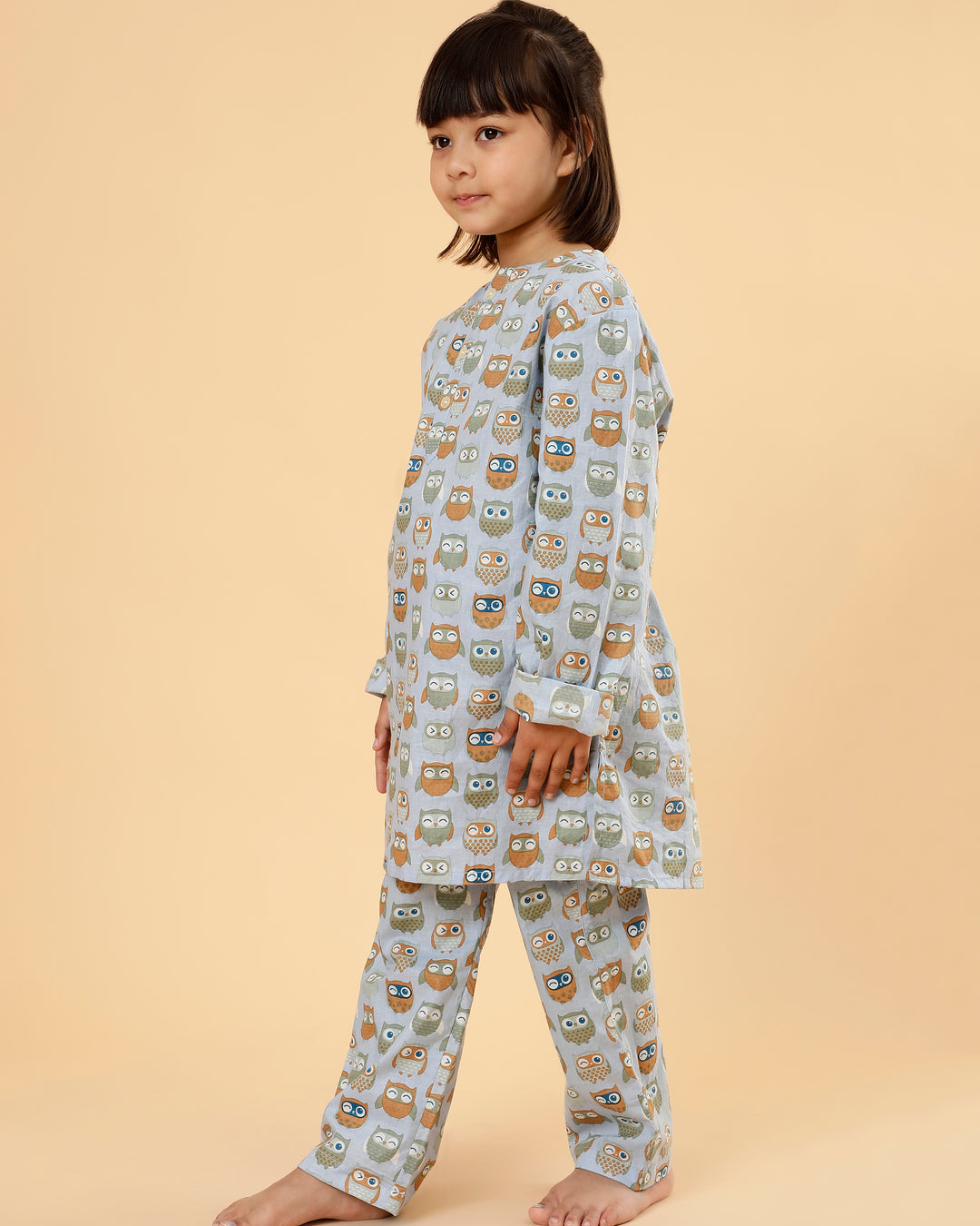 Conjunto Kurta Unisex para Abuelo de Algodón Mul - Estampado de Búho (Azul)