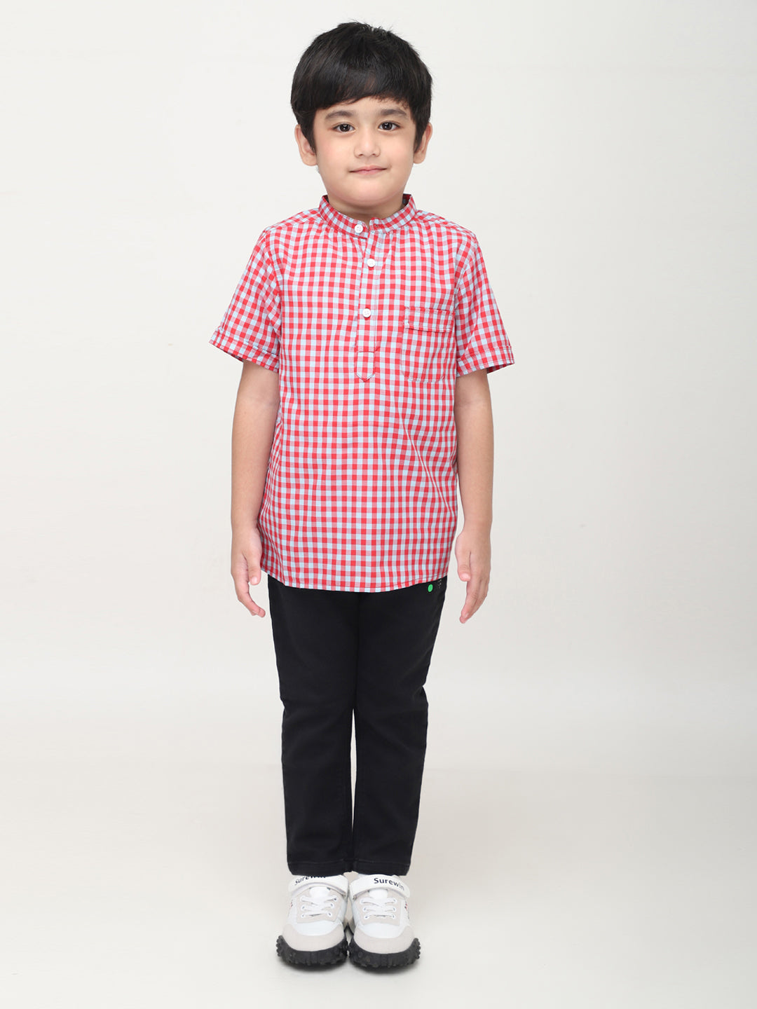 Camisa informal de manga corta con cuadros y cuello mandarín para niños
