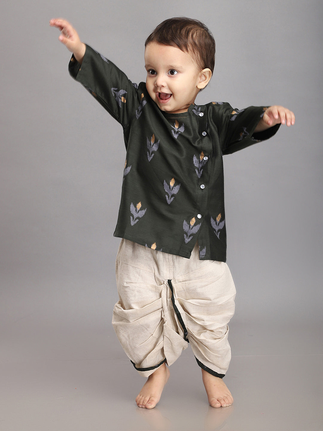 Conjunto Dhoti Kurta para Bebé de Algodón y Seda - Verde Botella