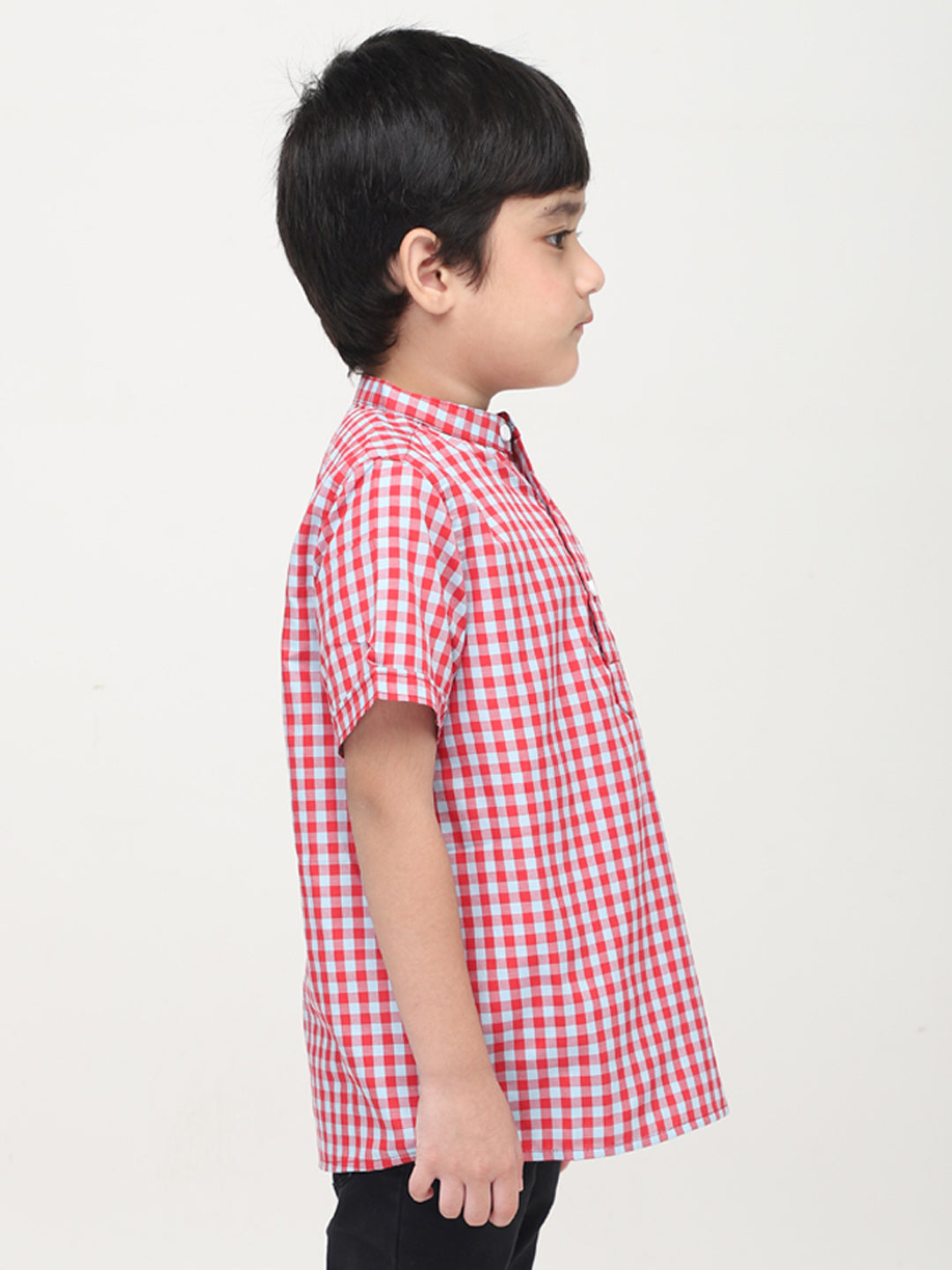 Mandarin Style Boys Checks Half Sleeves Casual Shirt