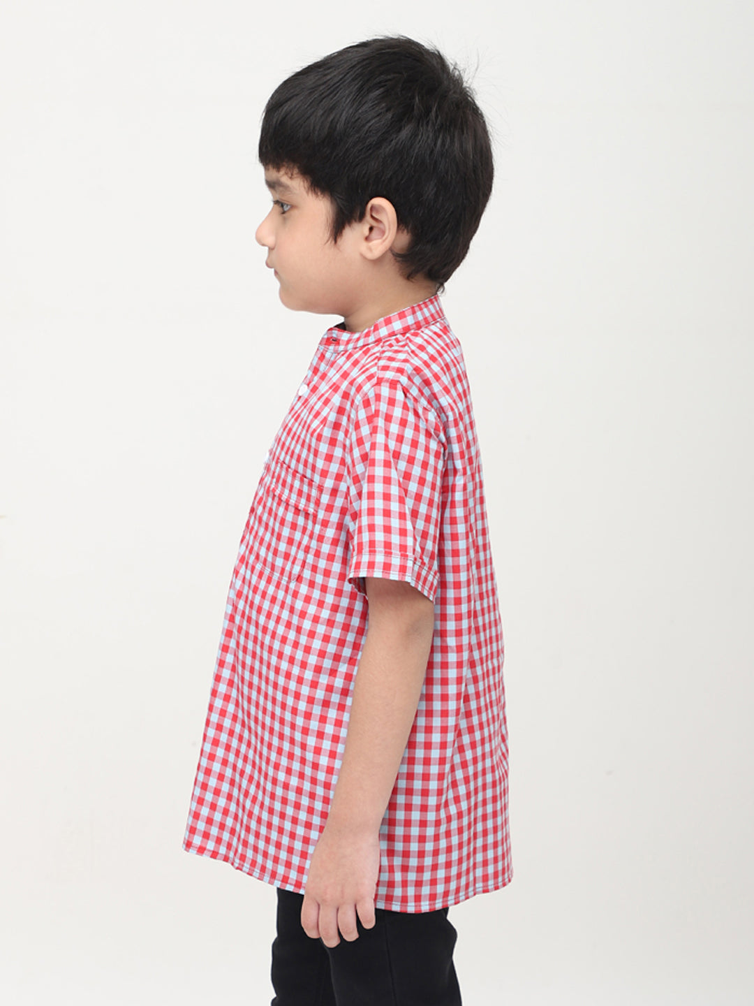 Mandarin Style Boys Checks Half Sleeves Casual Shirt