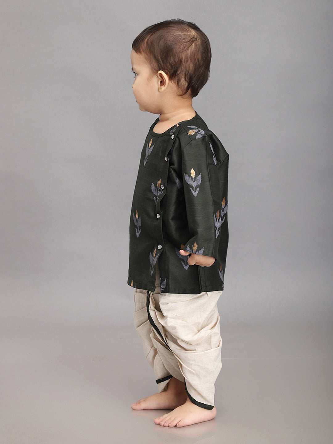 Conjunto Dhoti Kurta para Bebé de Algodón y Seda - Verde Botella