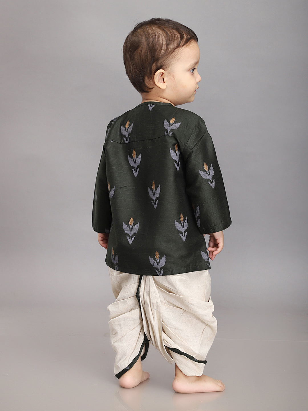 Conjunto Dhoti Kurta para Bebé de Algodón y Seda - Verde Botella