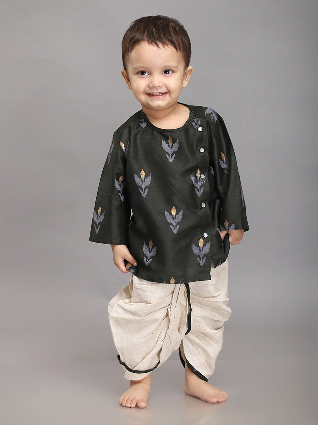 Conjunto Dhoti Kurta para Bebé de Algodón y Seda - Verde Botella