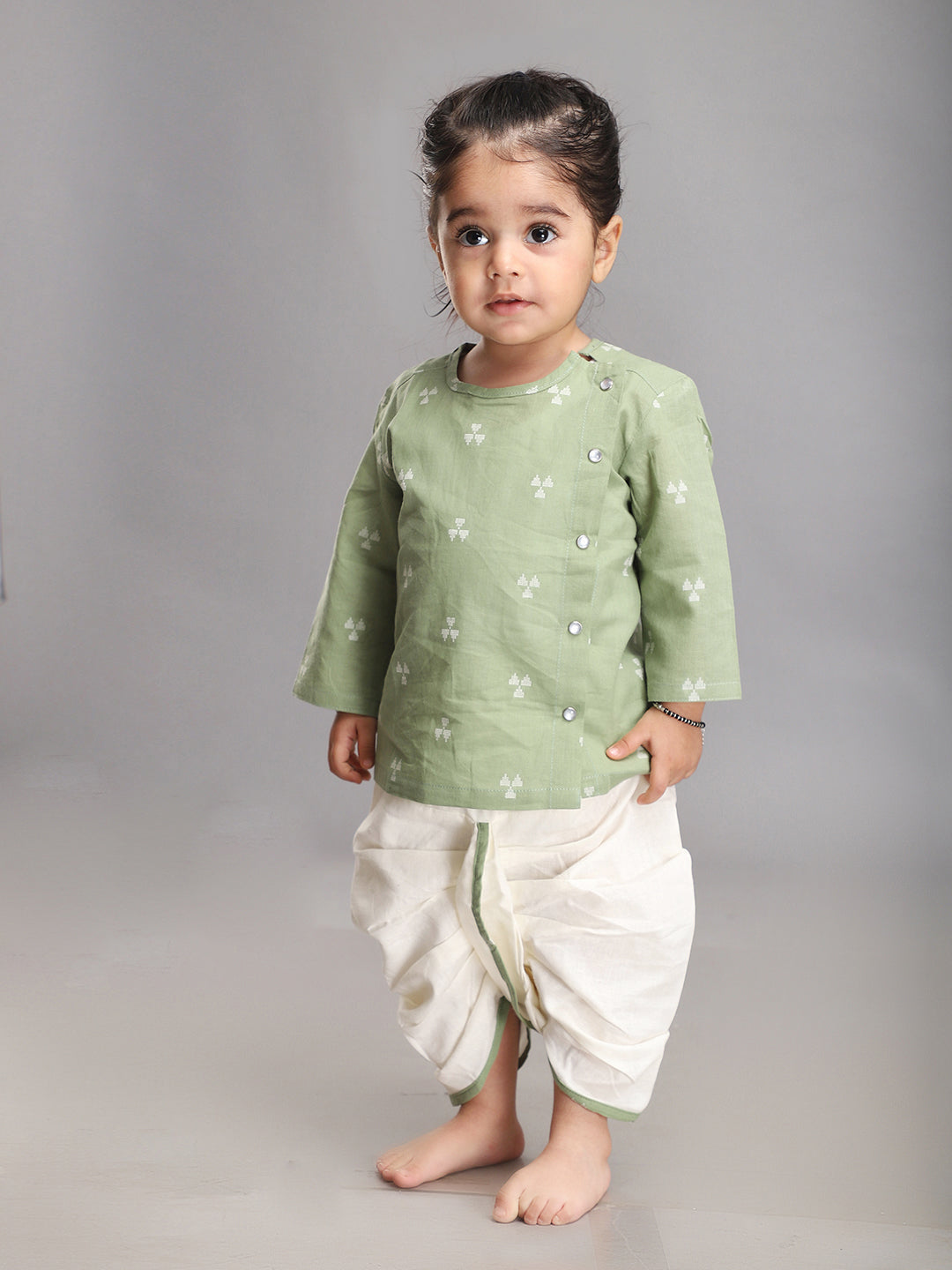 Infant Dhoti Kurta Set in Handloom Cotton - Sage Green