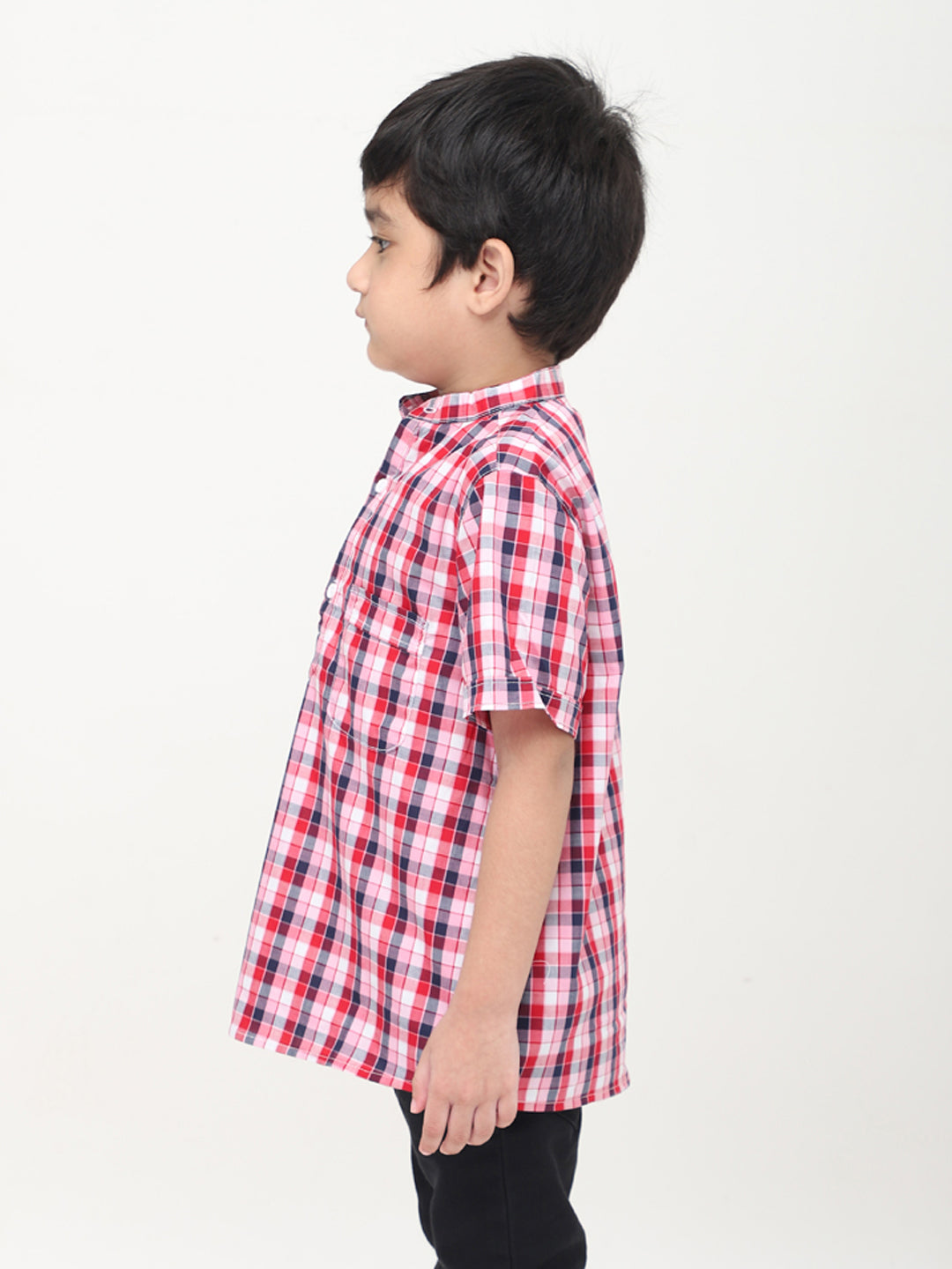 Camisa de manga corta a cuadros estilo mandarín - Multicolor