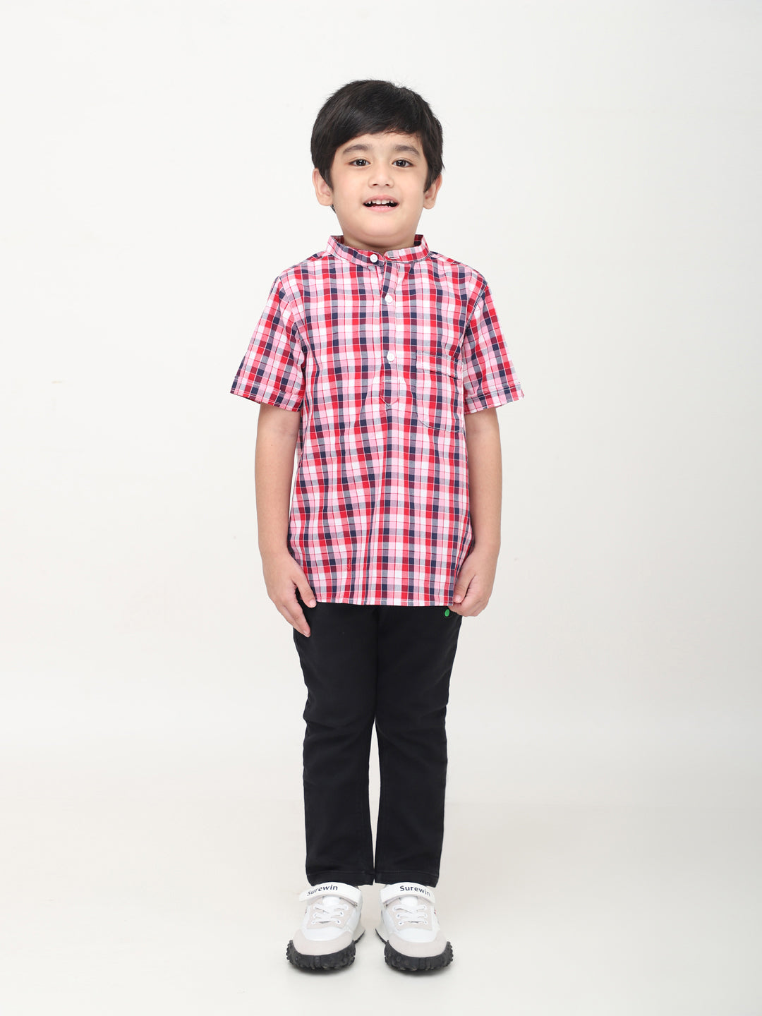 Camisa de manga corta a cuadros estilo mandarín - Multicolor