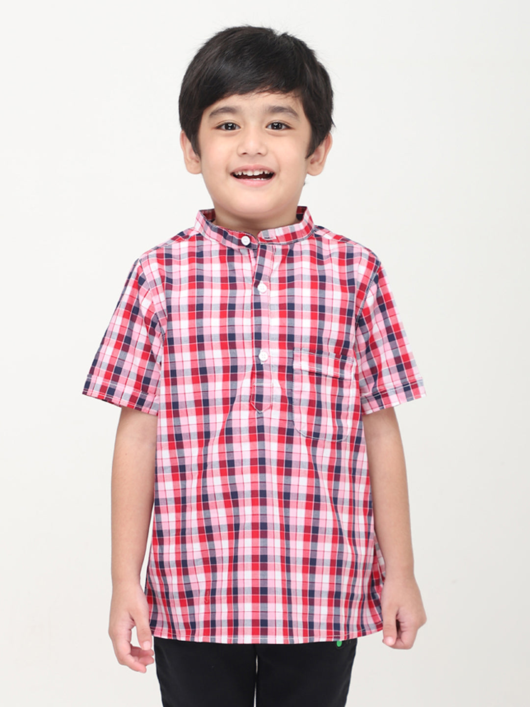 Camisa de manga corta a cuadros estilo mandarín - Multicolor