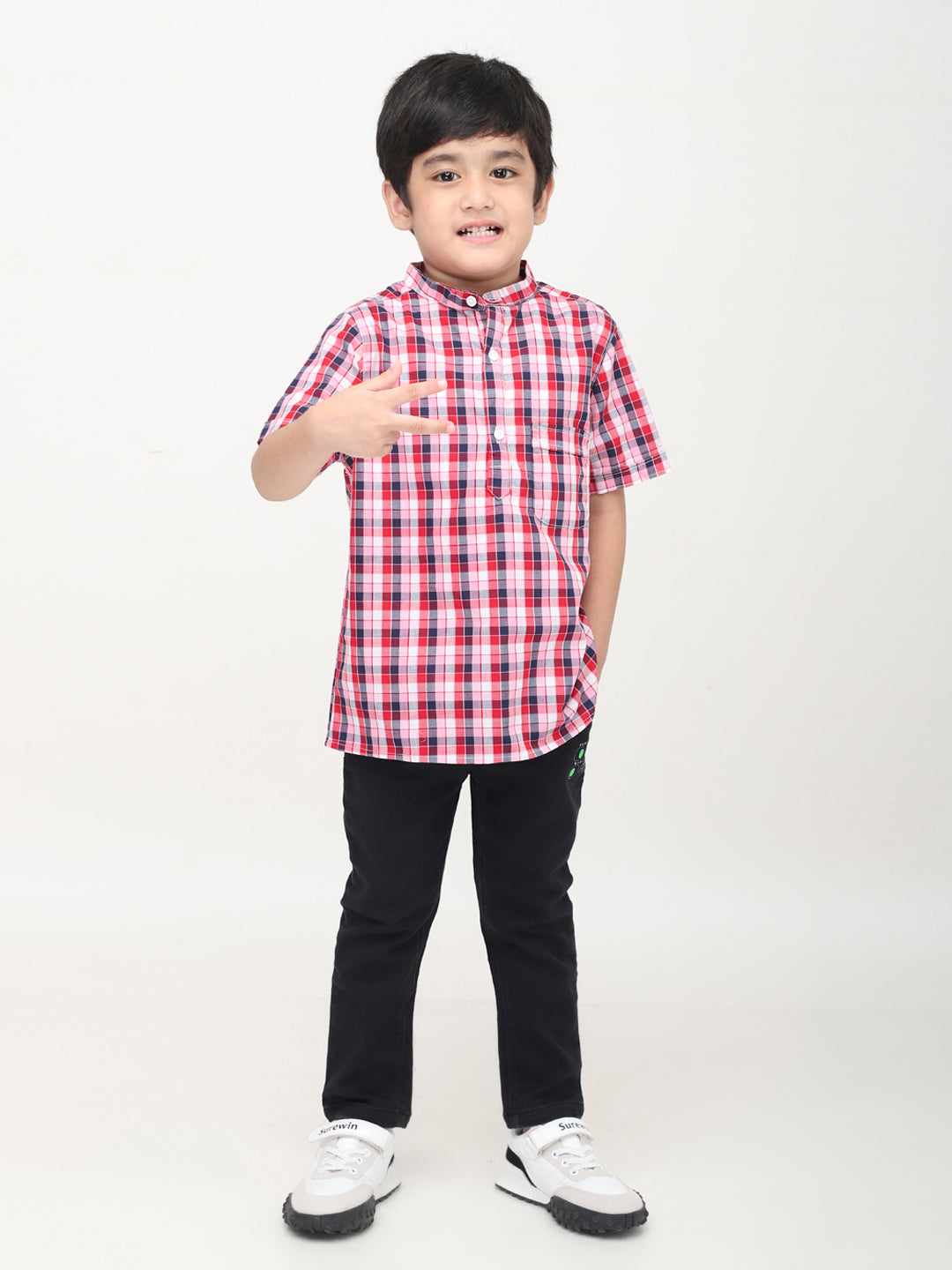 Camisa de manga corta a cuadros estilo mandarín - Multicolor