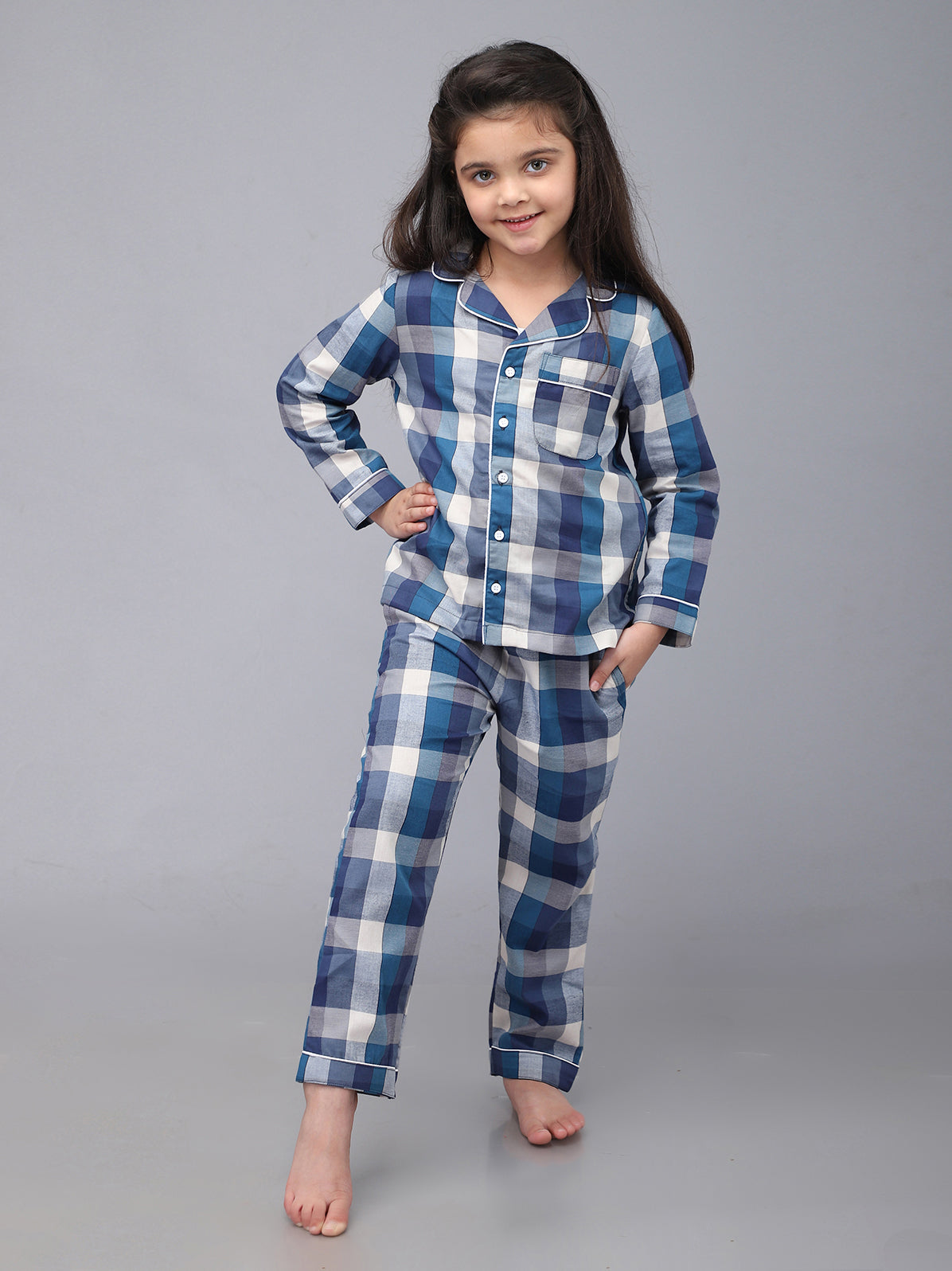 Blue & White Checkered Nightsuit For Boys and Girls