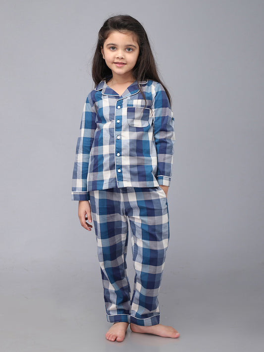 Blue & White Checkered Nightsuit For Boys and Girls