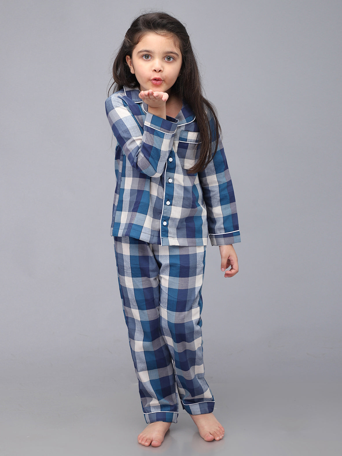 Blue & White Checkered Nightsuit For Boys and Girls