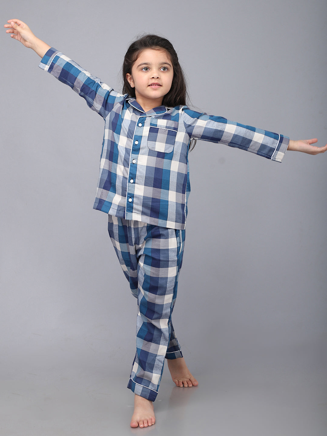 Blue & White Checkered Nightsuit For Boys and Girls