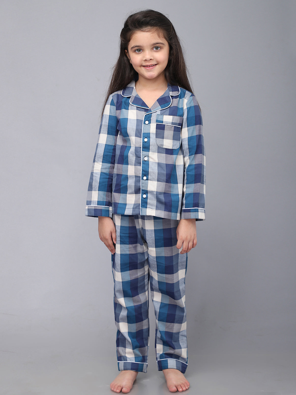 Blue & White Checkered Nightsuit For Boys and Girls