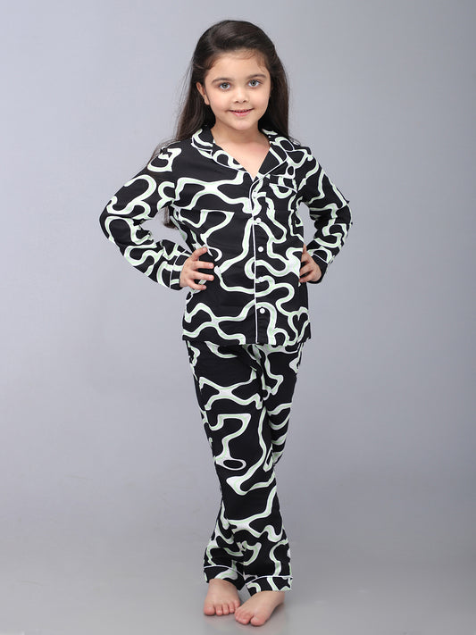 Black & White Printed Night Suits For Girls