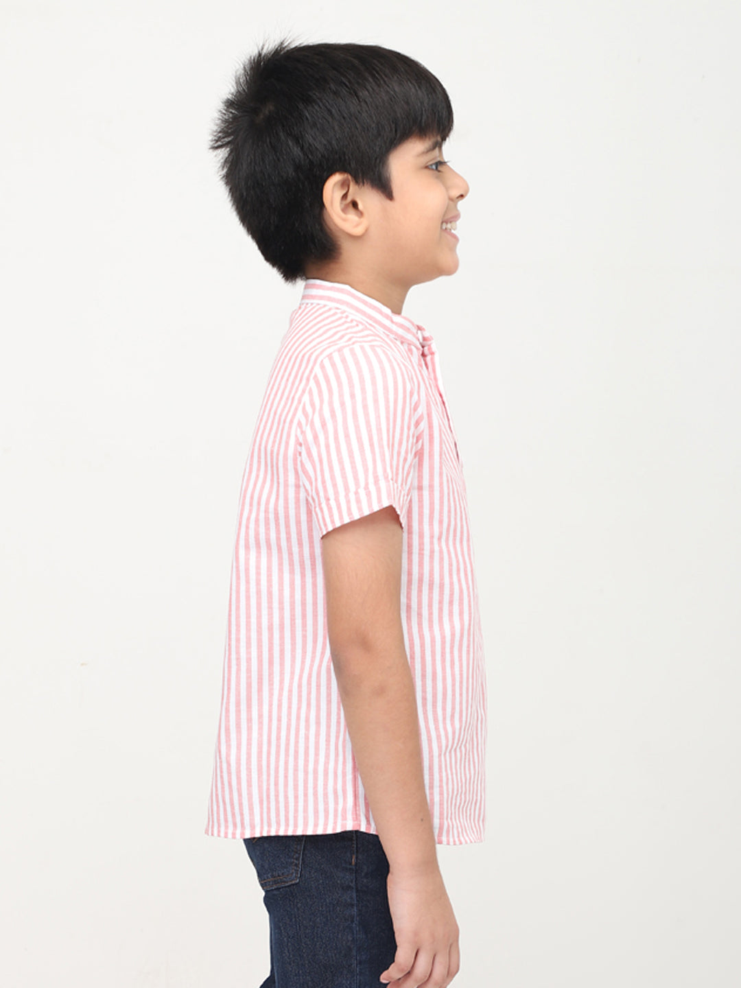 Mandarin Style Boys Striped Half Sleeves Casual Shirt